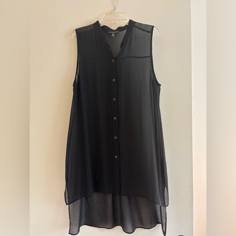 Eileen Fisher Black Sleeveless Sheer Silk Blouse with Hi-low hem